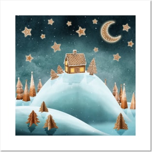 Gingerbread house, trees, on snow hills landscape, moon and stars watercolor illustration. Fantasy sweets world snow landscape. Moonlight magic candy world scenery. Posters and Art